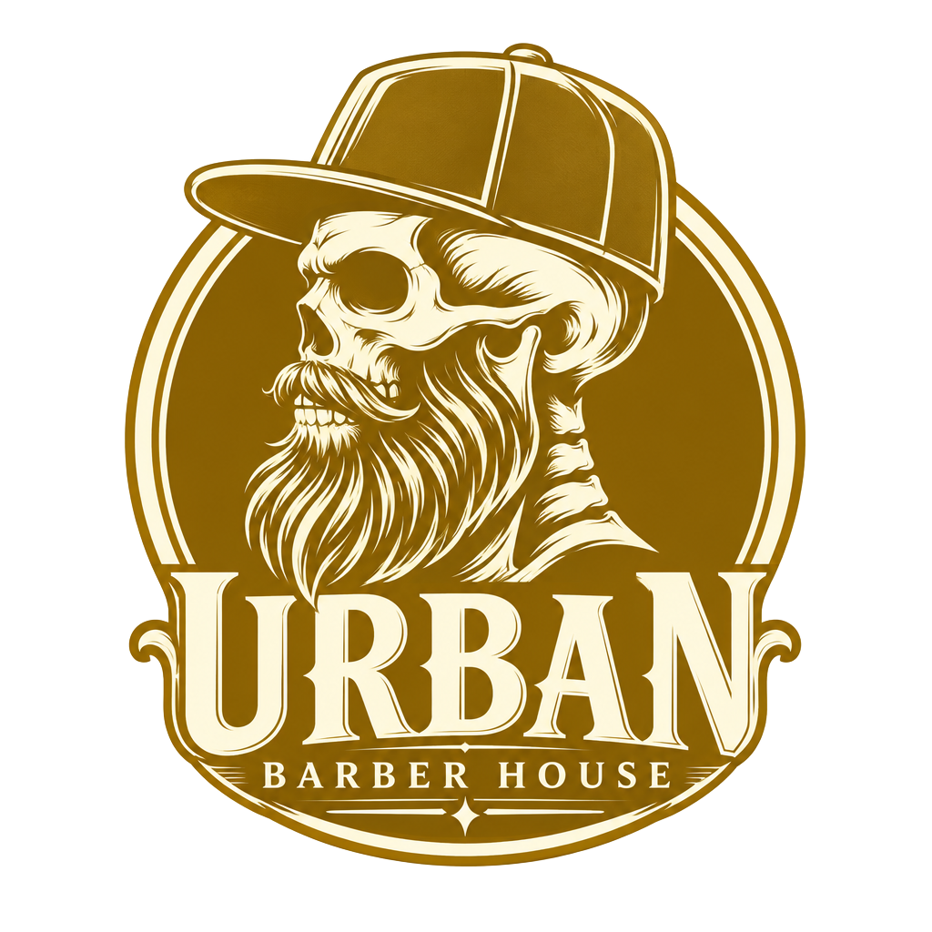 Logo de Urban Barber House, calavera barbada con gorra